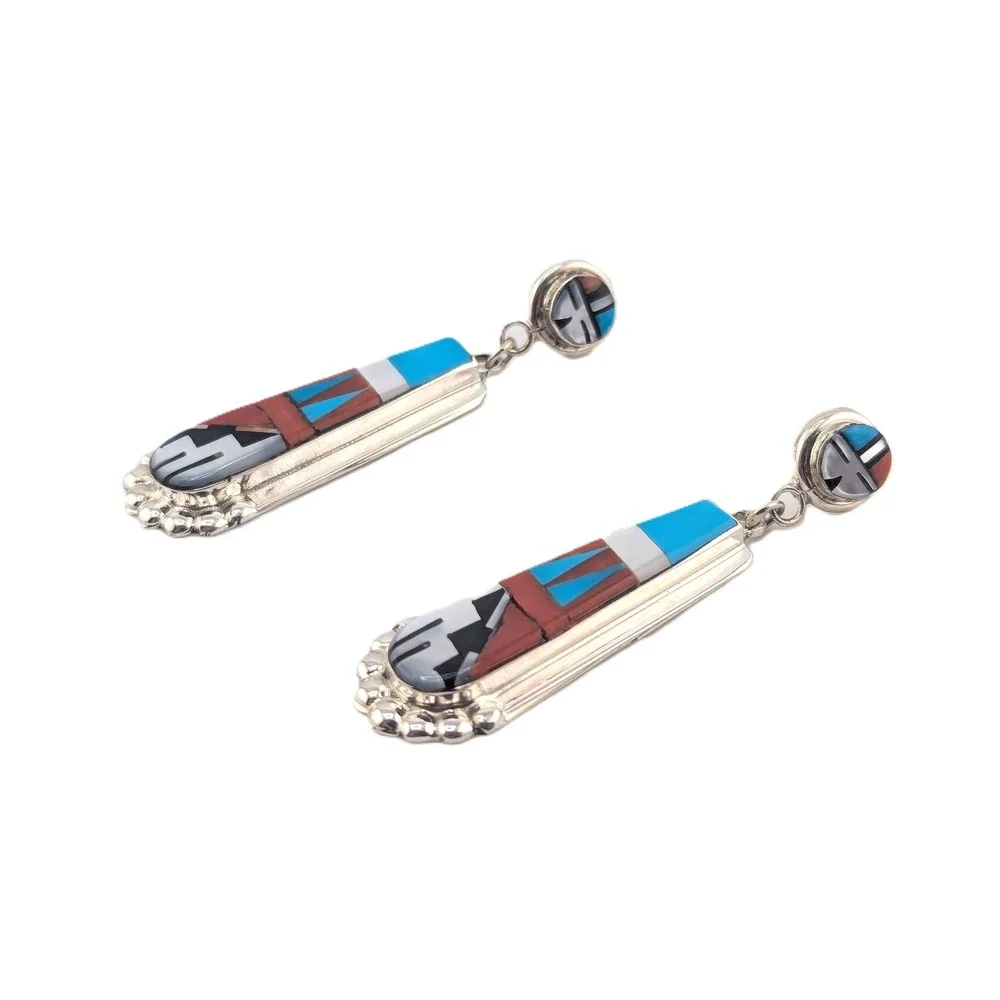 Zuni Multi Stone Inlay Turquoise Drop Earrings Native American Sterling Jewelry*